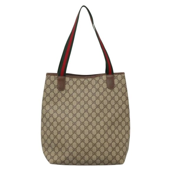 GUCCI GG Supreme Web Sherry Line Tote Bag PVC Beige Gold - Picture 2 of 15